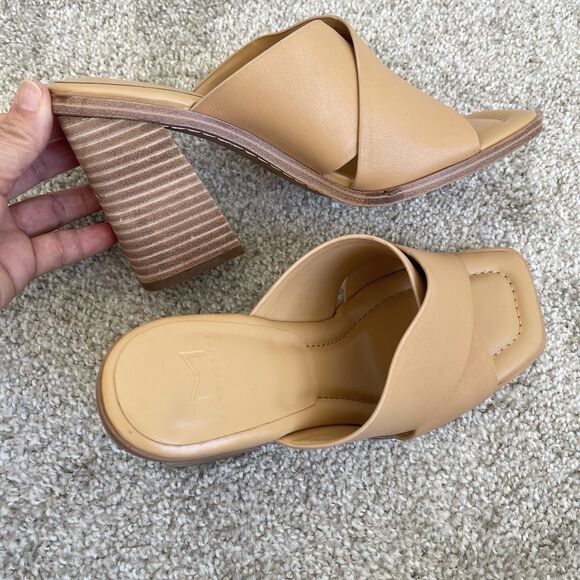 Marc Fisher Tan Leather Block Wood Heel Square Toe Barli Sandals Womens 7.5 M - Picture 4 of 9